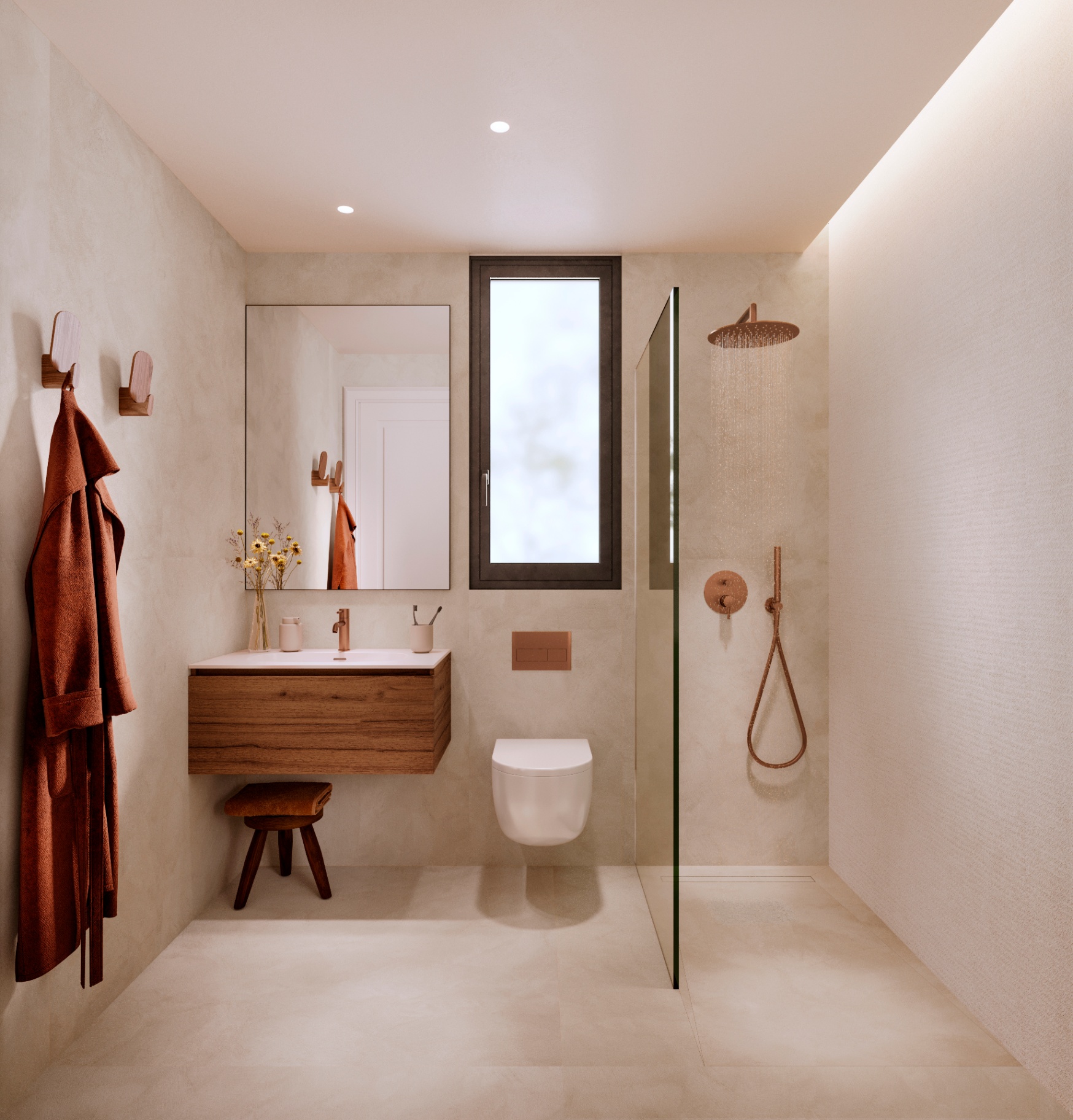 Baño con ducha efecto lluvia y acabados Porcelanosa